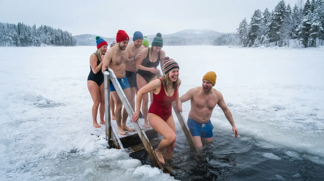 Un groupe de baigneurs d'hiver entrant ensemble dans une eau glacée trouée dans la glace, bonnets colorés, sourires crispés