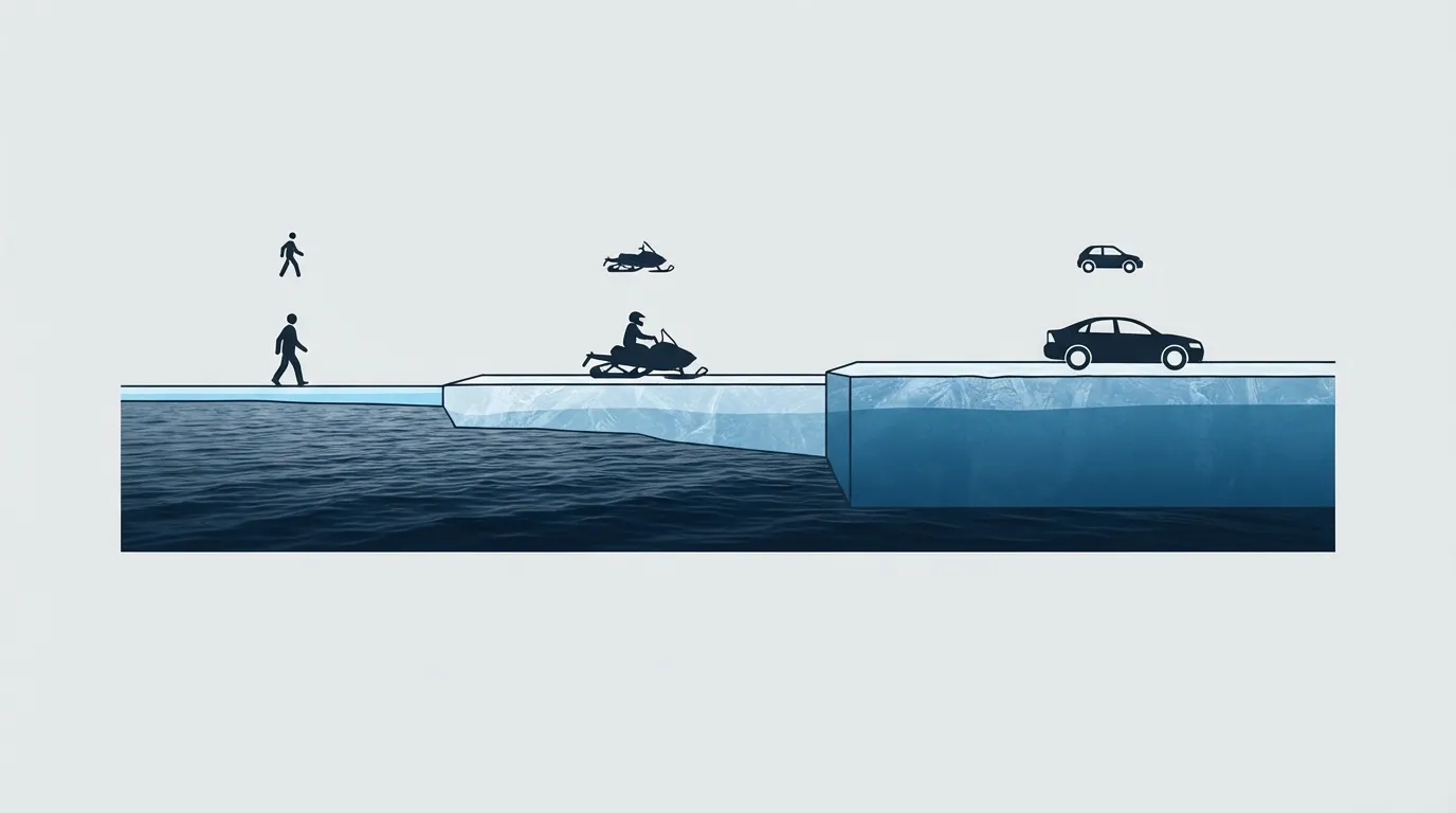 Schéma comparatif de l'épaisseur de glace nécessaire pour un piéton, une motoneige et une voiture