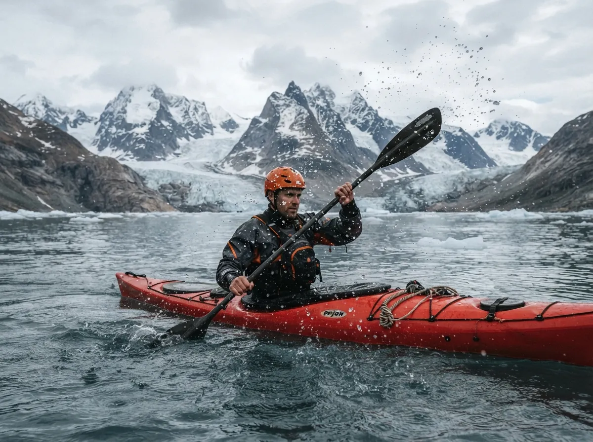 Un kayakiste en combinaison étanche pagayant sur une eau froide, montagnes enneigées en arrière-plan