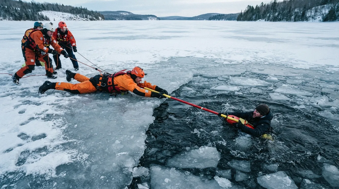 Une personne tend une perche à quelqu'un tombé dans l'eau glacée, allongée à plat ventre sur la glace pour répartir son poids
