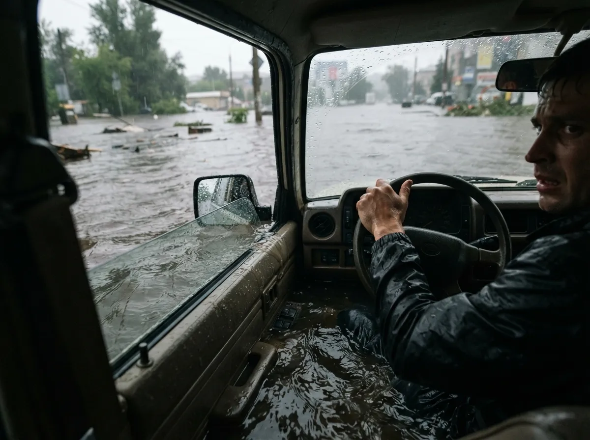 L'intérieur d'une voiture en train de couler, vue depuis le siège conducteur, fenêtre ouverte, eau qui monte