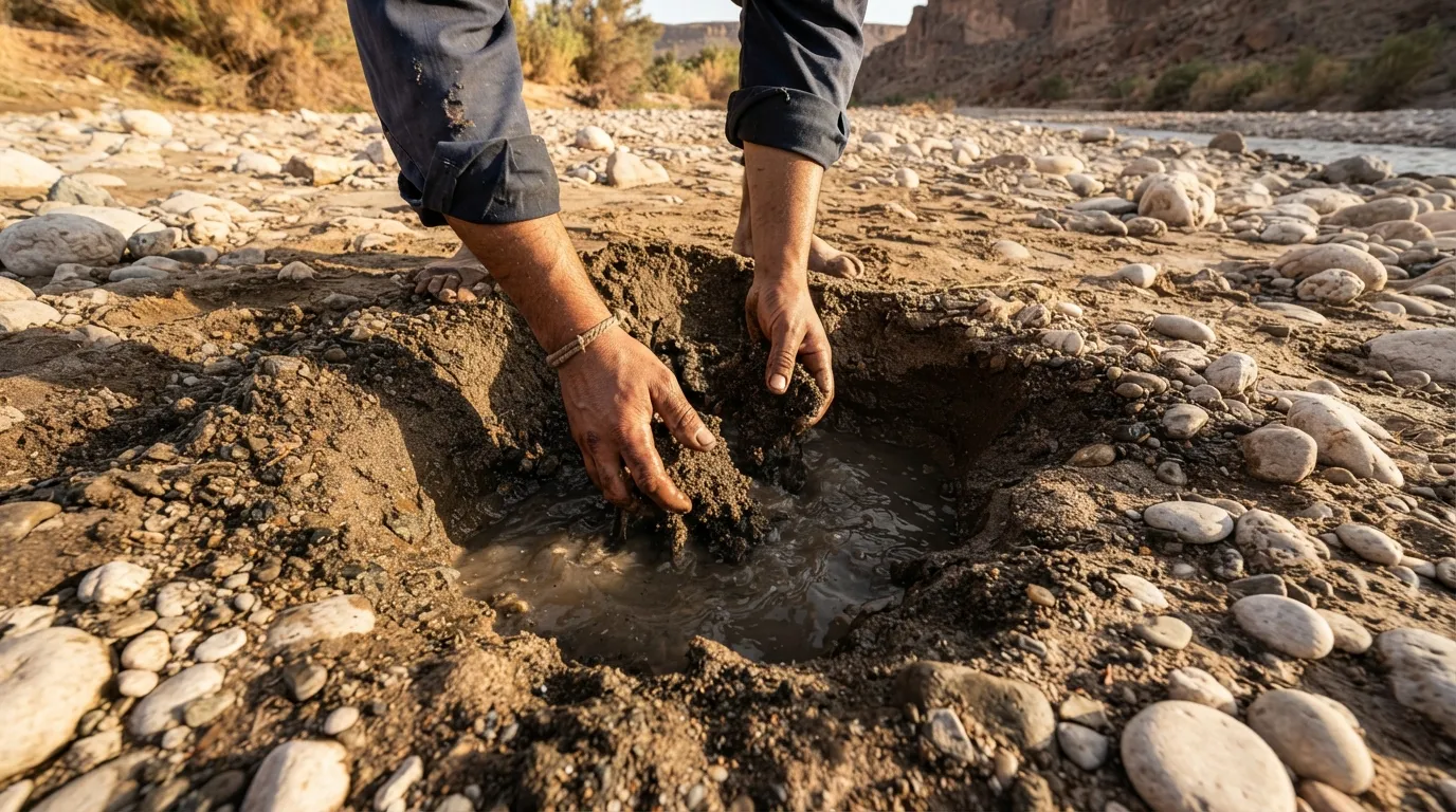 Une personne creuse un trou dans le sable humide d'un lit de rivière asséché, au creux d'un virage