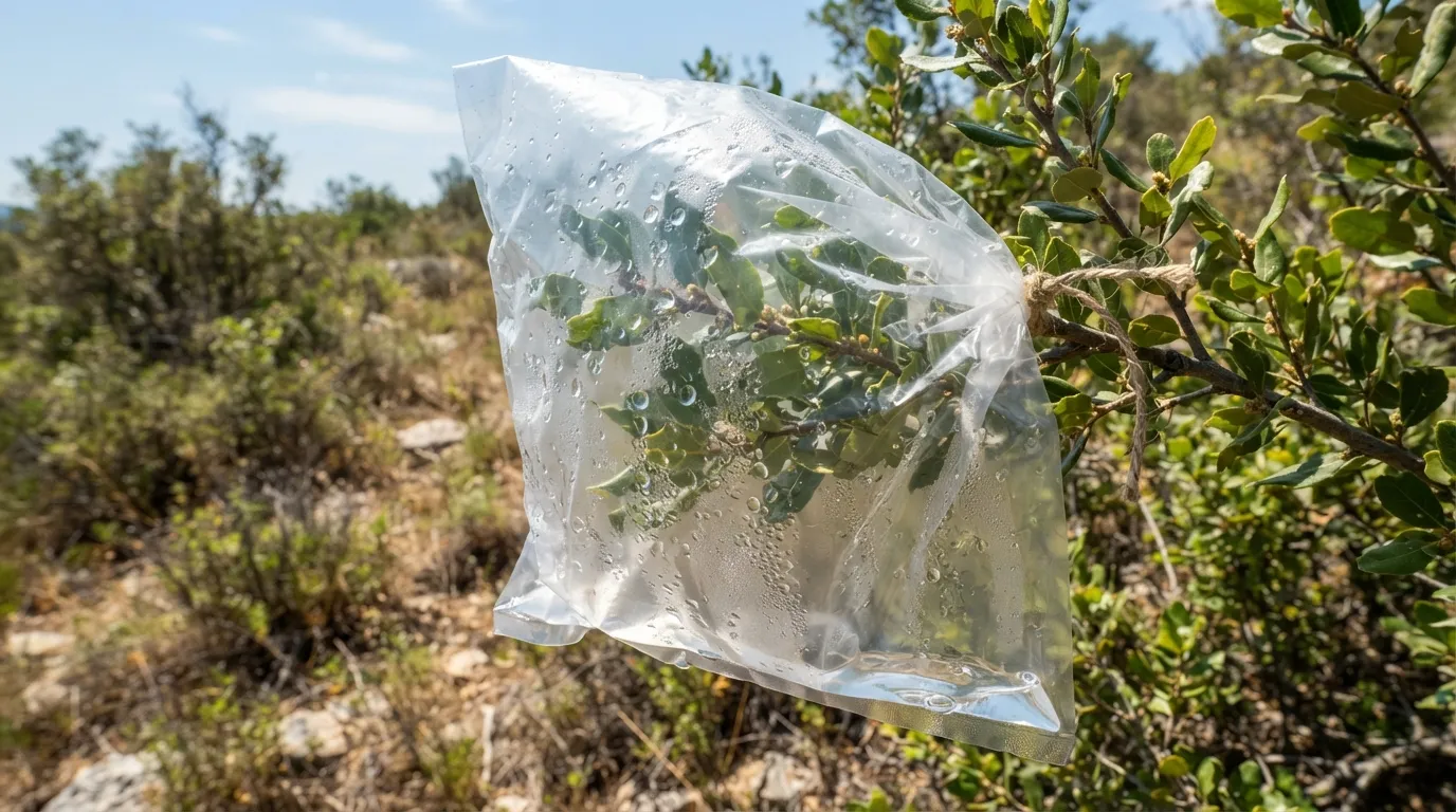 Un sac plastique transparent noué autour d'une branche feuillue au soleil, avec de l'eau condensée au fond