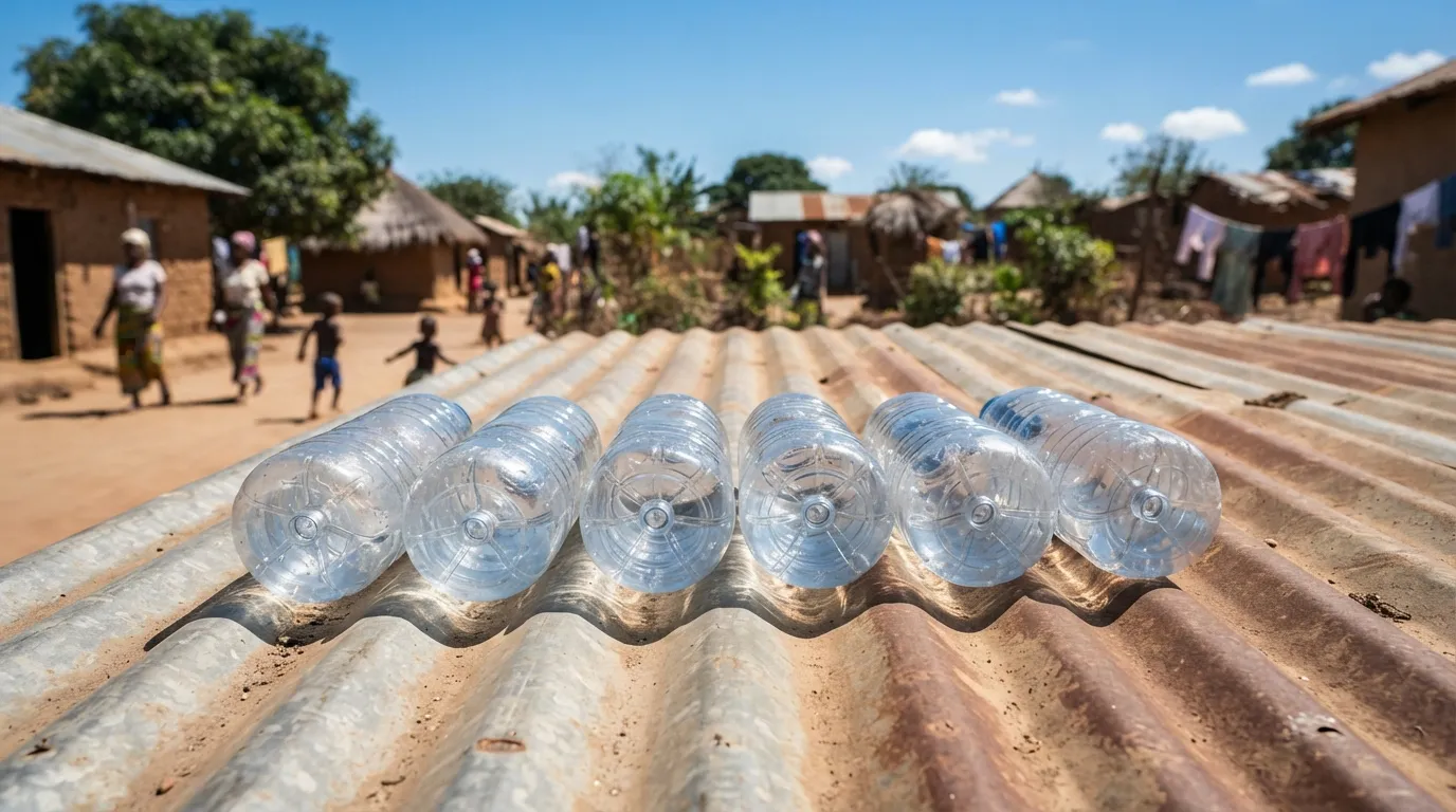 Une rangée de bouteilles en plastique transparent couchées au soleil sur une tôle ondulée