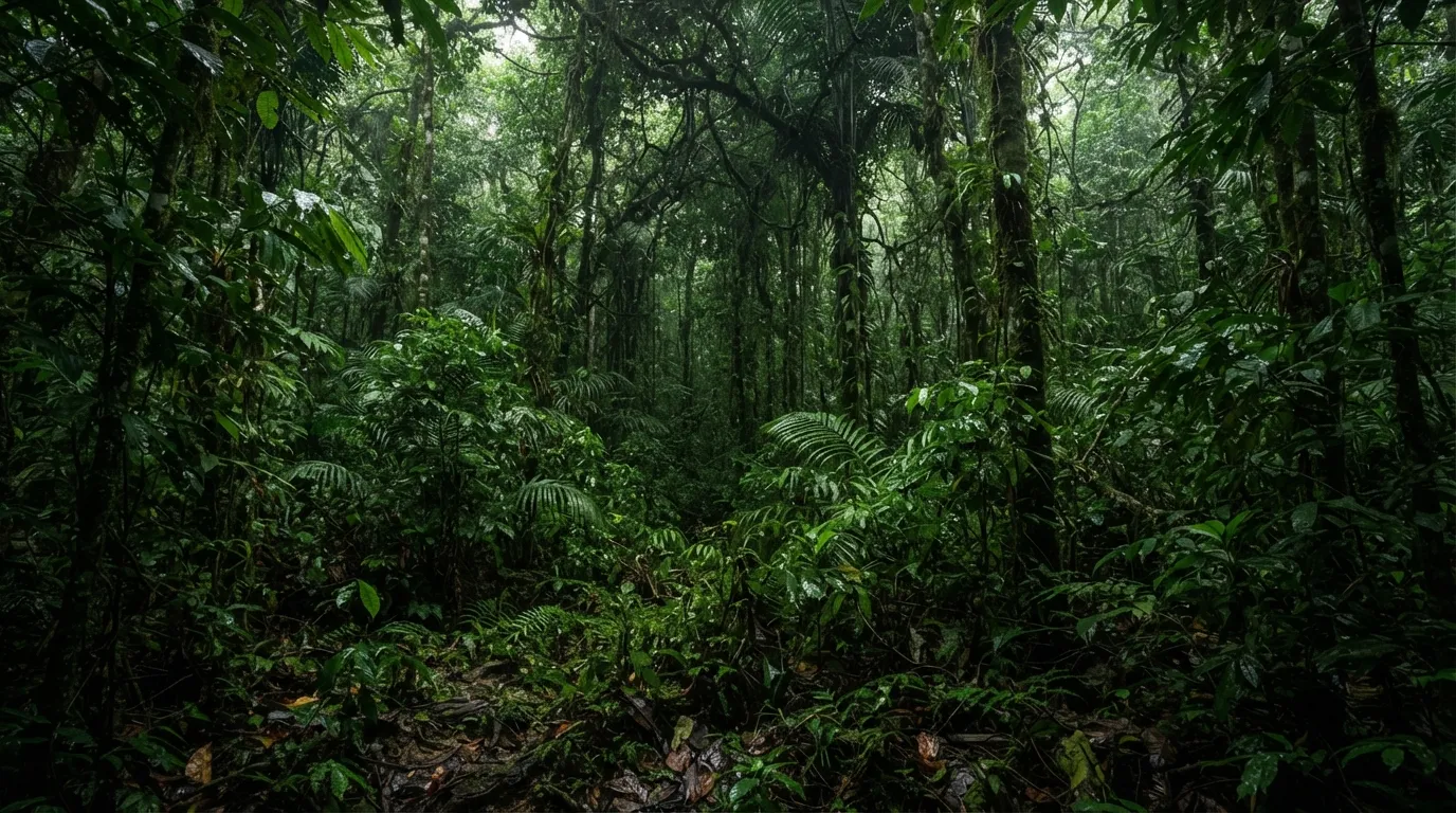 Canopée dense de forêt amazonienne vue du sol, lumière verte filtrée, sentier à peine visible dans la végétation
