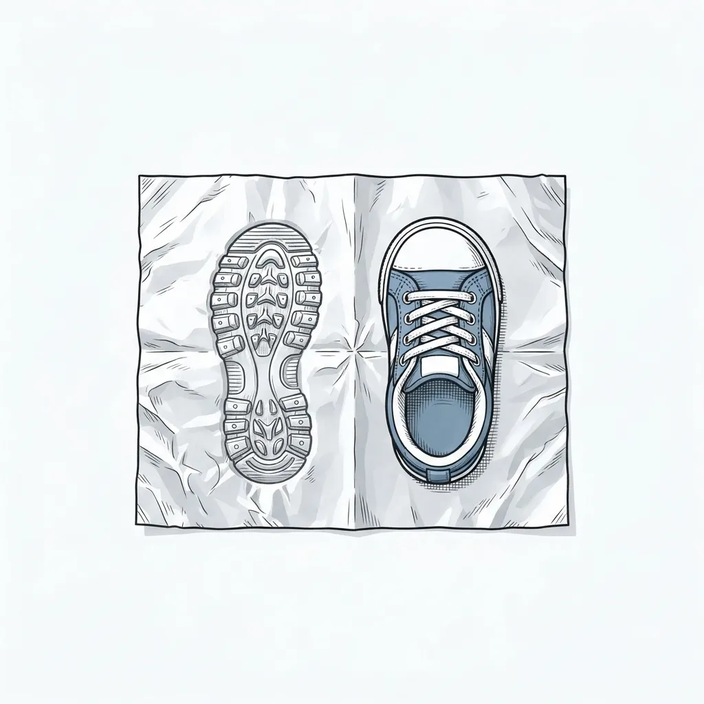 Une chaussure d'enfant pressée dans une feuille de papier aluminium pliée, empreinte du motif de semelle visible