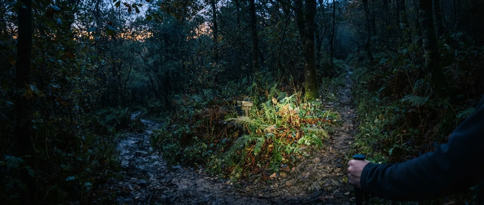 Une lampe frontale de parent balaie un sous-bois au crépuscule, sentier qui se dédouble, silhouette d'enfant absente