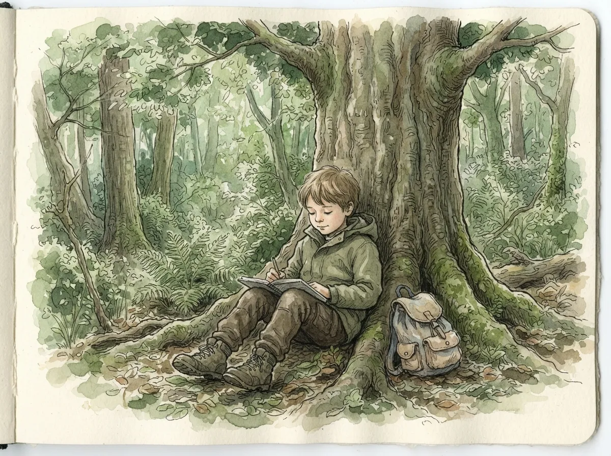 Un enfant assis au pied d'un grand arbre, sac à dos contre le tronc, il attend calmement
