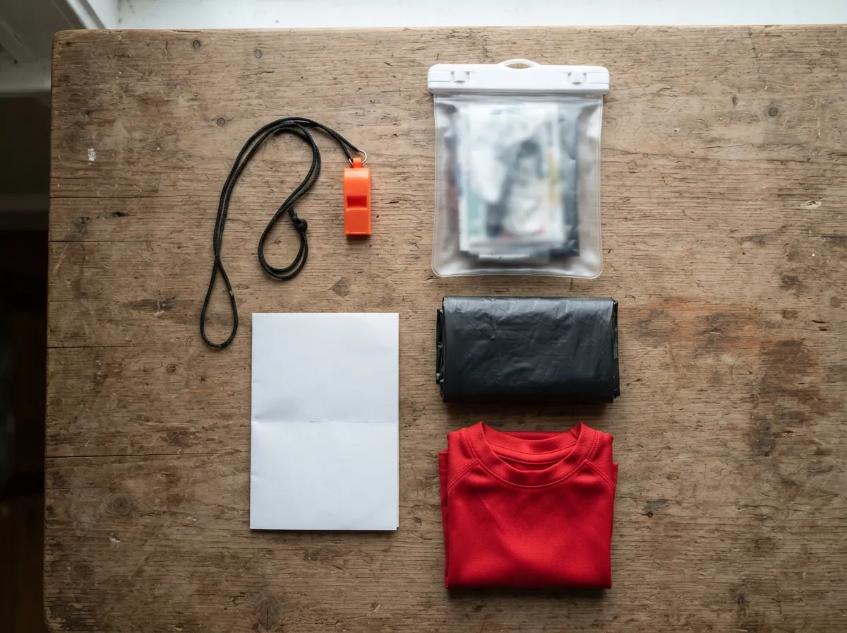 Sur une table : un petit sifflet, une pochette étanche, une fiche cartonnée, un sac poubelle plié, un vêtement orange vif