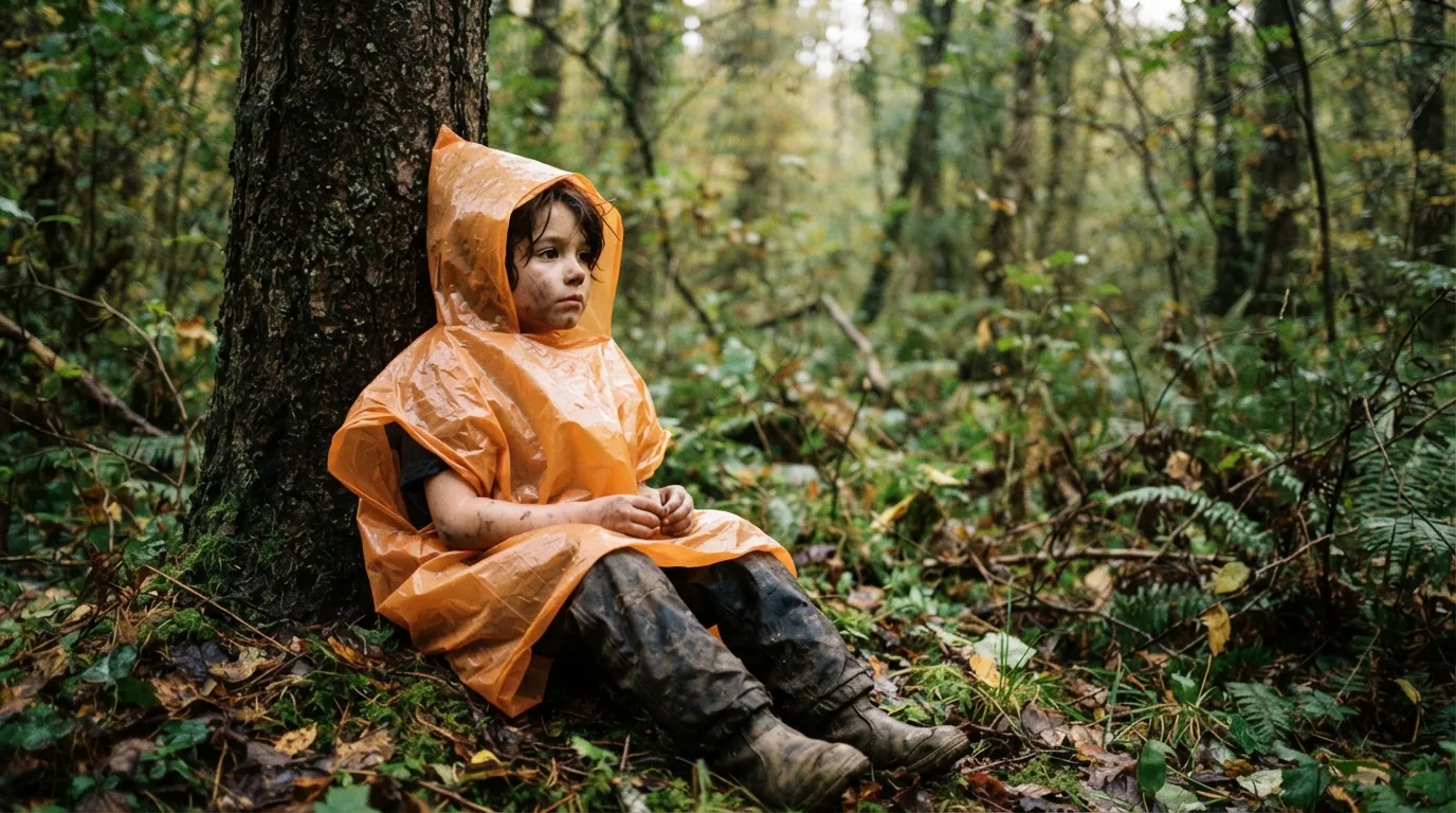 Un enfant enfile un grand sac poubelle orange comme poncho improvisé, capuche relevée avec un trou découpé, assis contre un tronc