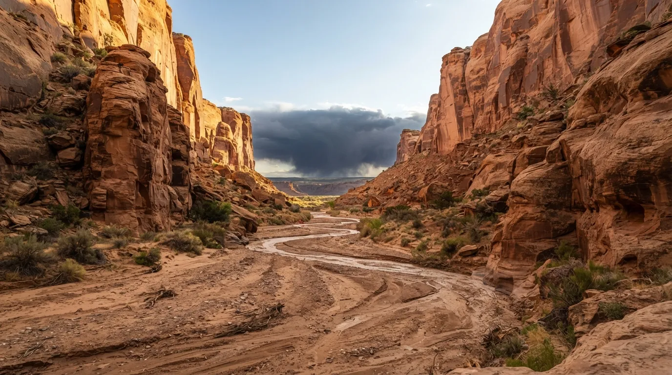 Un lit de rivière asséché serpentant entre des parois de canyon, un orage lointain visible à l'horizon