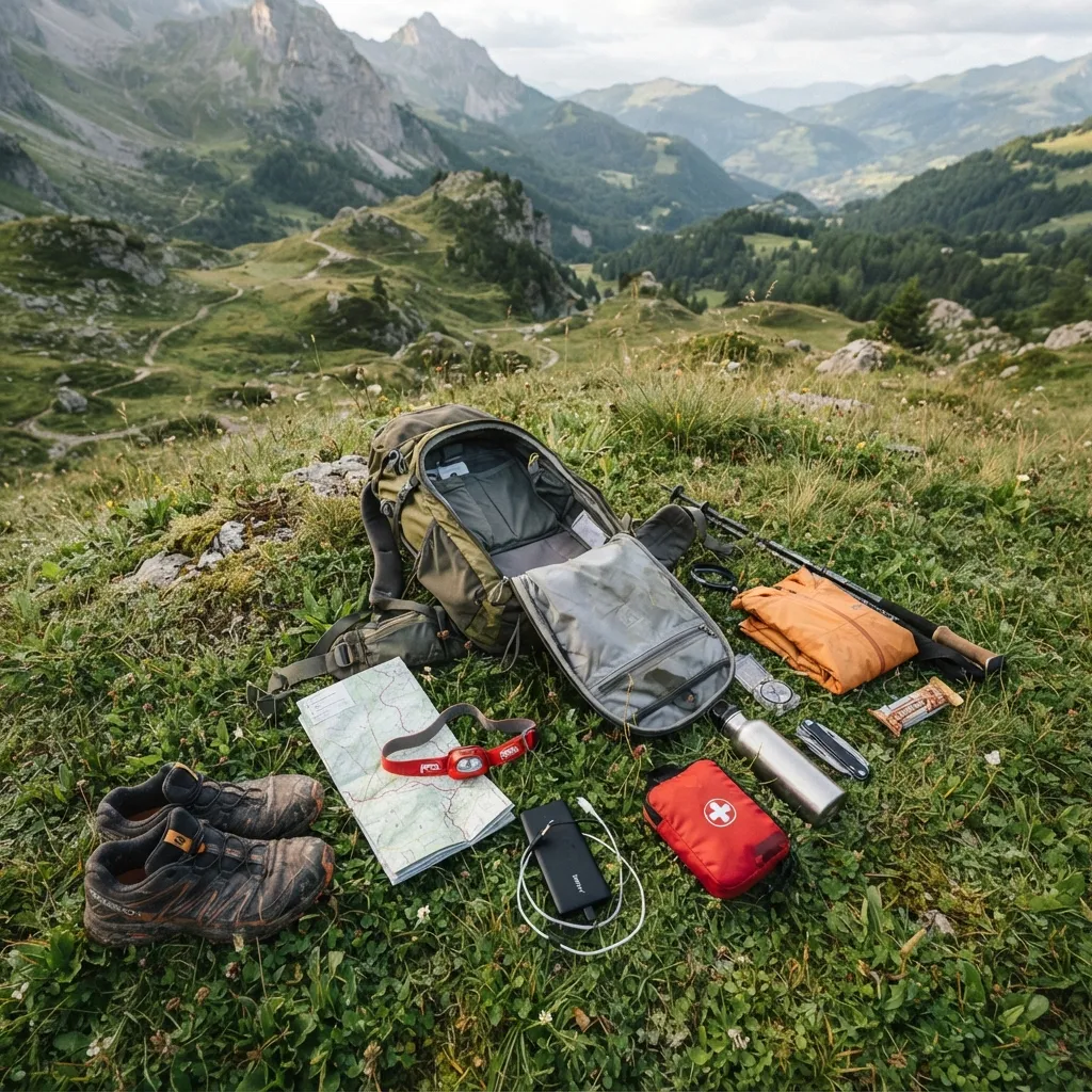 Un sac à dos ouvert au sol avec son contenu étalé : frontale, batterie, chaussures, trousse de secours