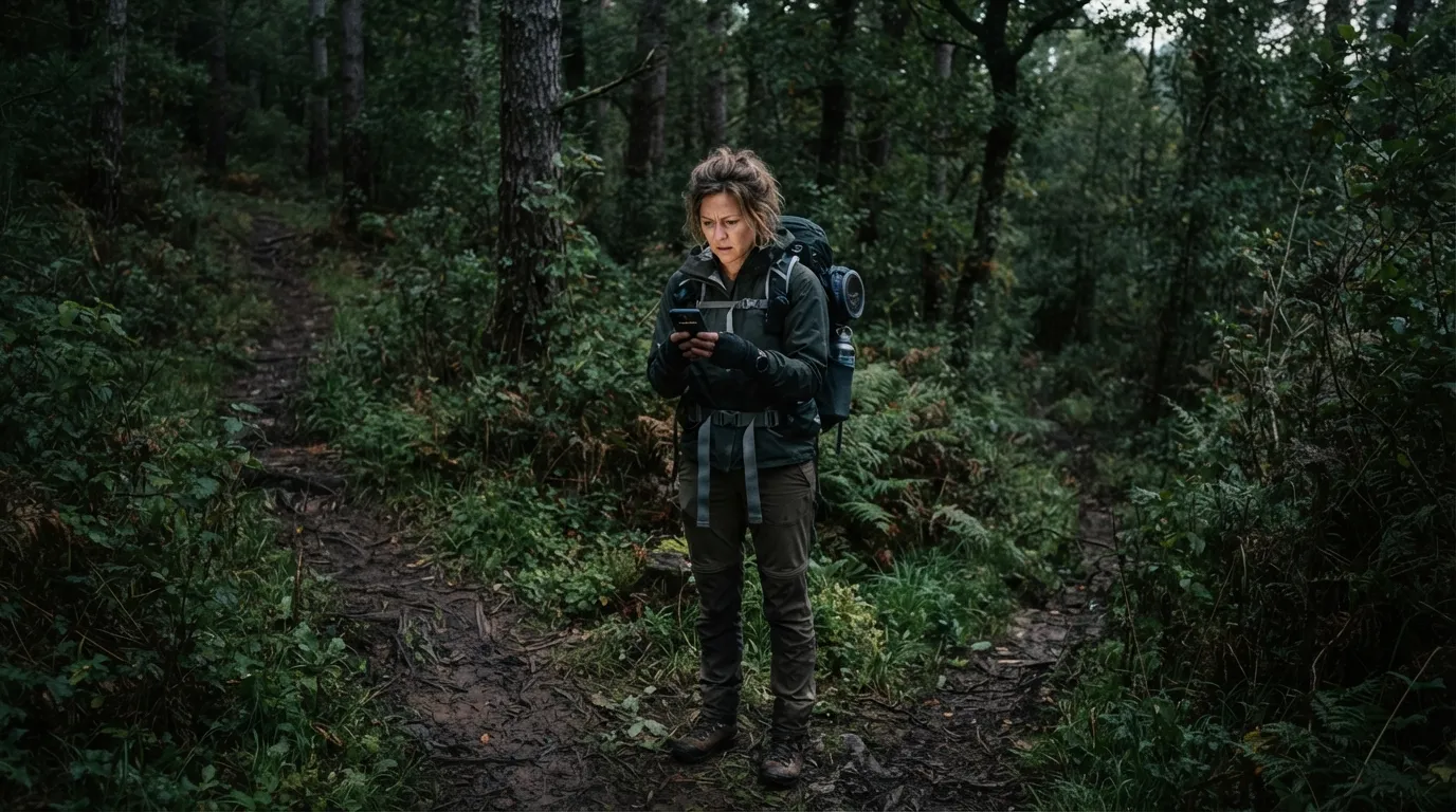 Un randonneur regarde son téléphone GPS d'un air perplexe à un croisement de sentiers non balisé, forêt dense autour