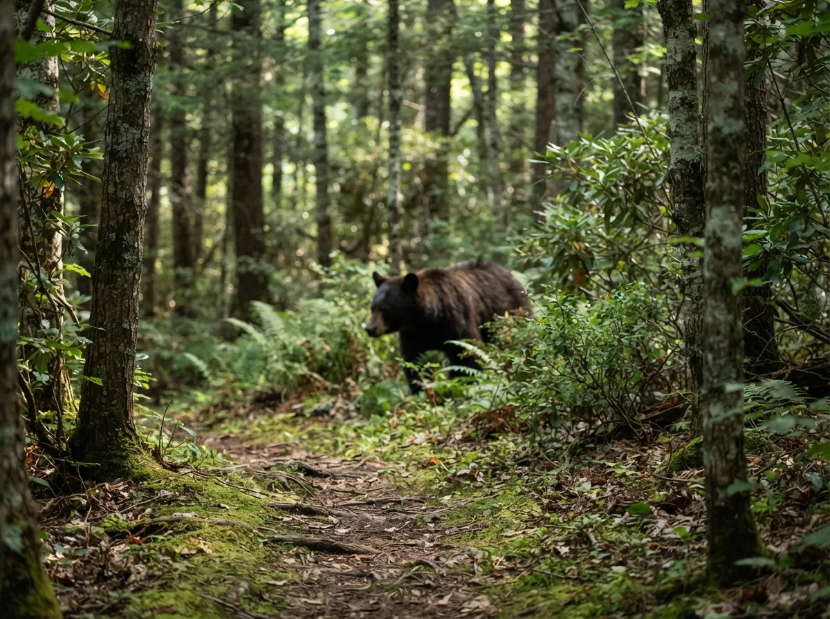 Un ours noir observé à bonne distance depuis un sentier de forêt, entre les arbres