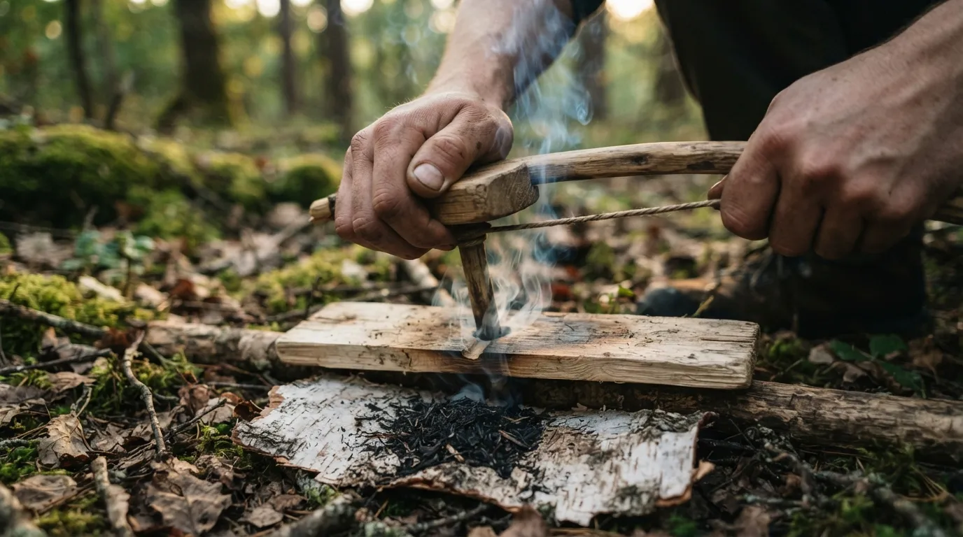 Mains qui actionnent un archet sur une planchette de bois tendre, fumée qui monte de l'encoche, nid de fibres à côté