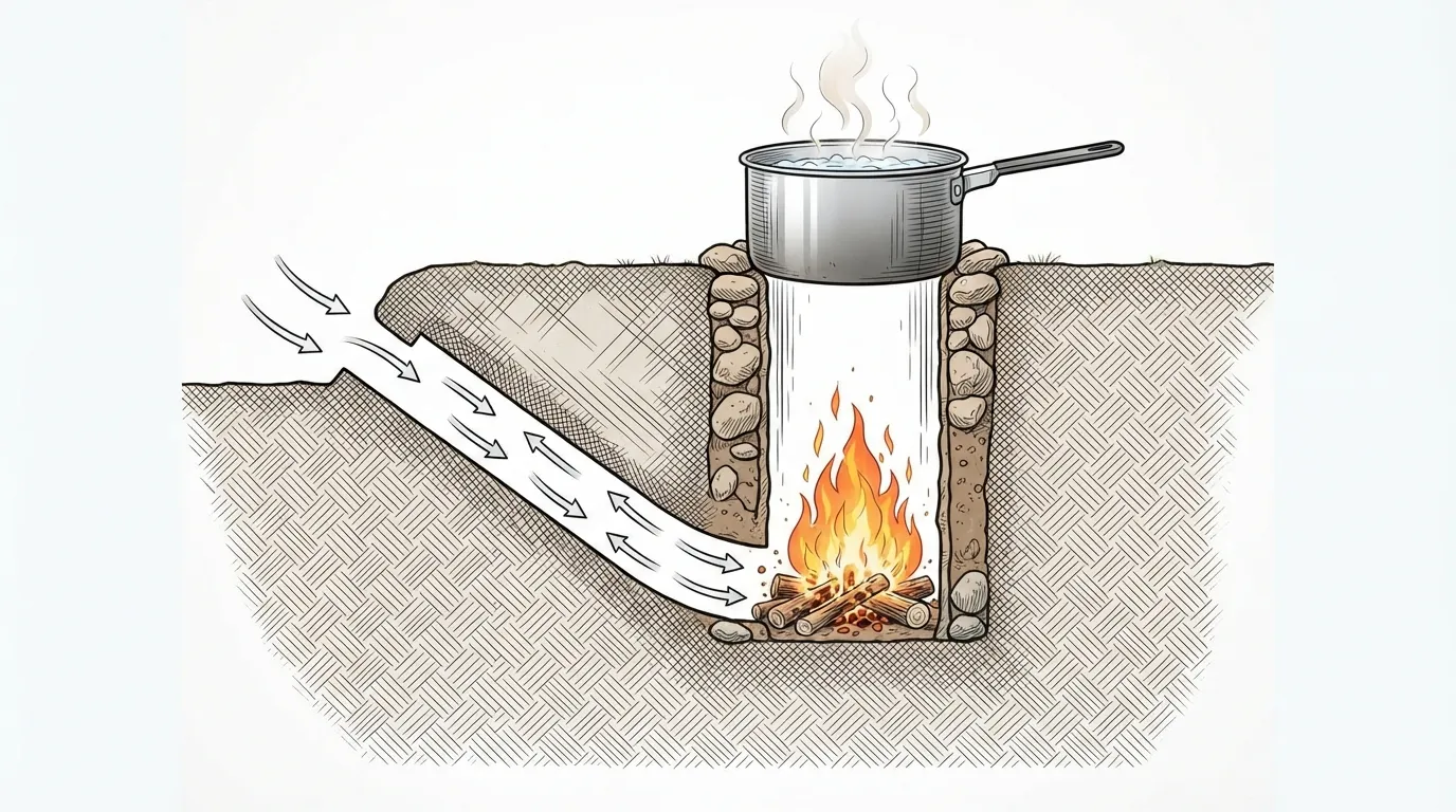 Coupe d'un feu Dakota : un trou vertical avec le feu, un second trou incliné côté vent qui amène l'air par le bas, une casserole posée sur l'ouverture