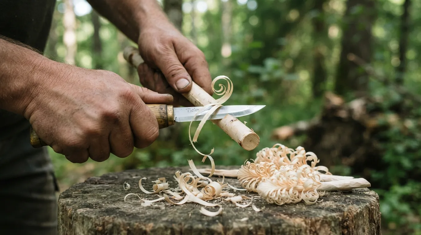 Un couteau taille des boucles fines sur un bâton de bois clair, trois plumeaux déjà terminés posés à côté