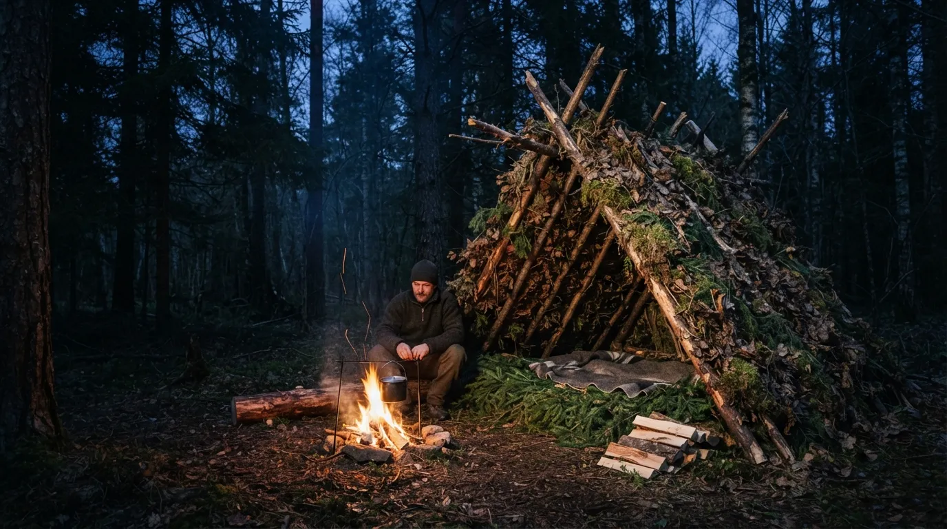 Un appentis de branches recouvert de feuilles, un petit feu allumé devant, à la tombée de la nuit en forêt