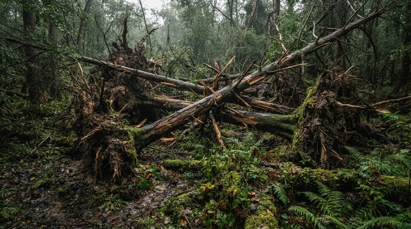 Un enchevêtrement de troncs et de branches cassés au sol après une tempête, lumière filtrée, mousse et fougères entre les troncs