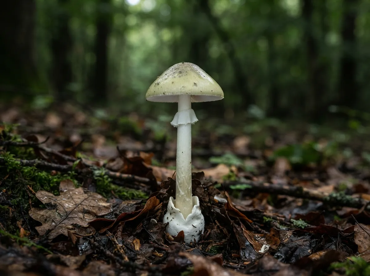 Un champignon élancé au chapeau blanc-jaunâtre veiné de gris, pied avec anneau et volve blanche à la base, posé sur la litière forestière