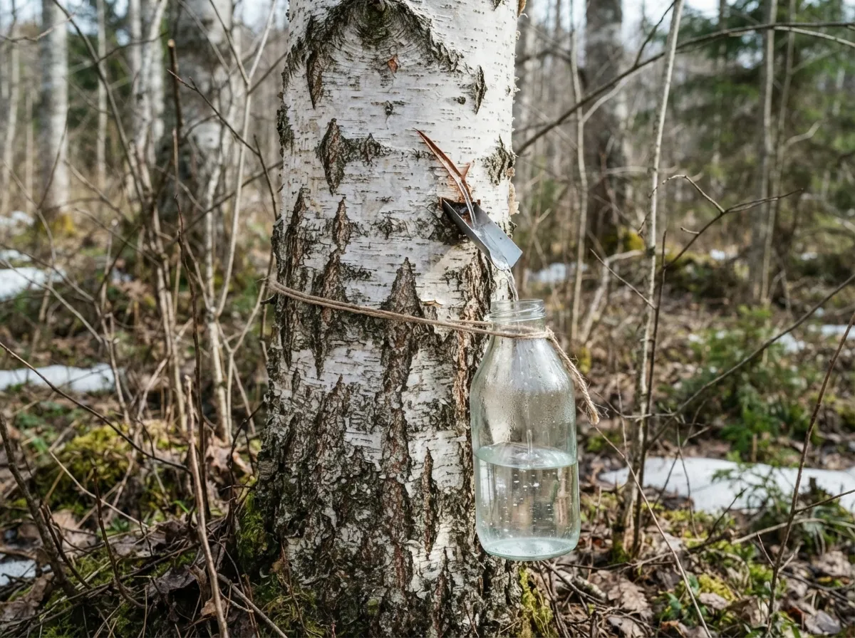 Une petite entaille dans l'écorce d'un bouleau blanc laisse couler un filet de sève claire recueillie dans une bouteille