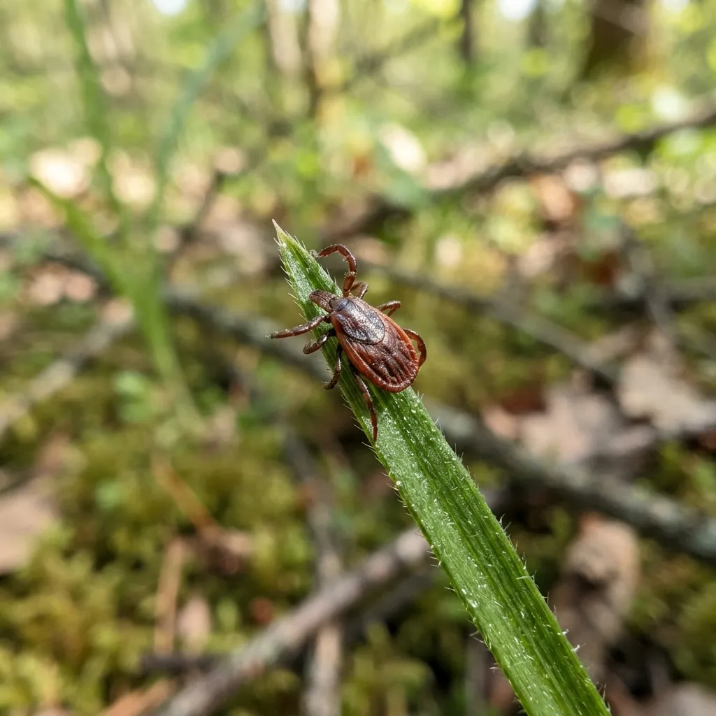 Une tique brune de quelques millimètres accrochée à un brin d'herbe, vue macro très rapprochée