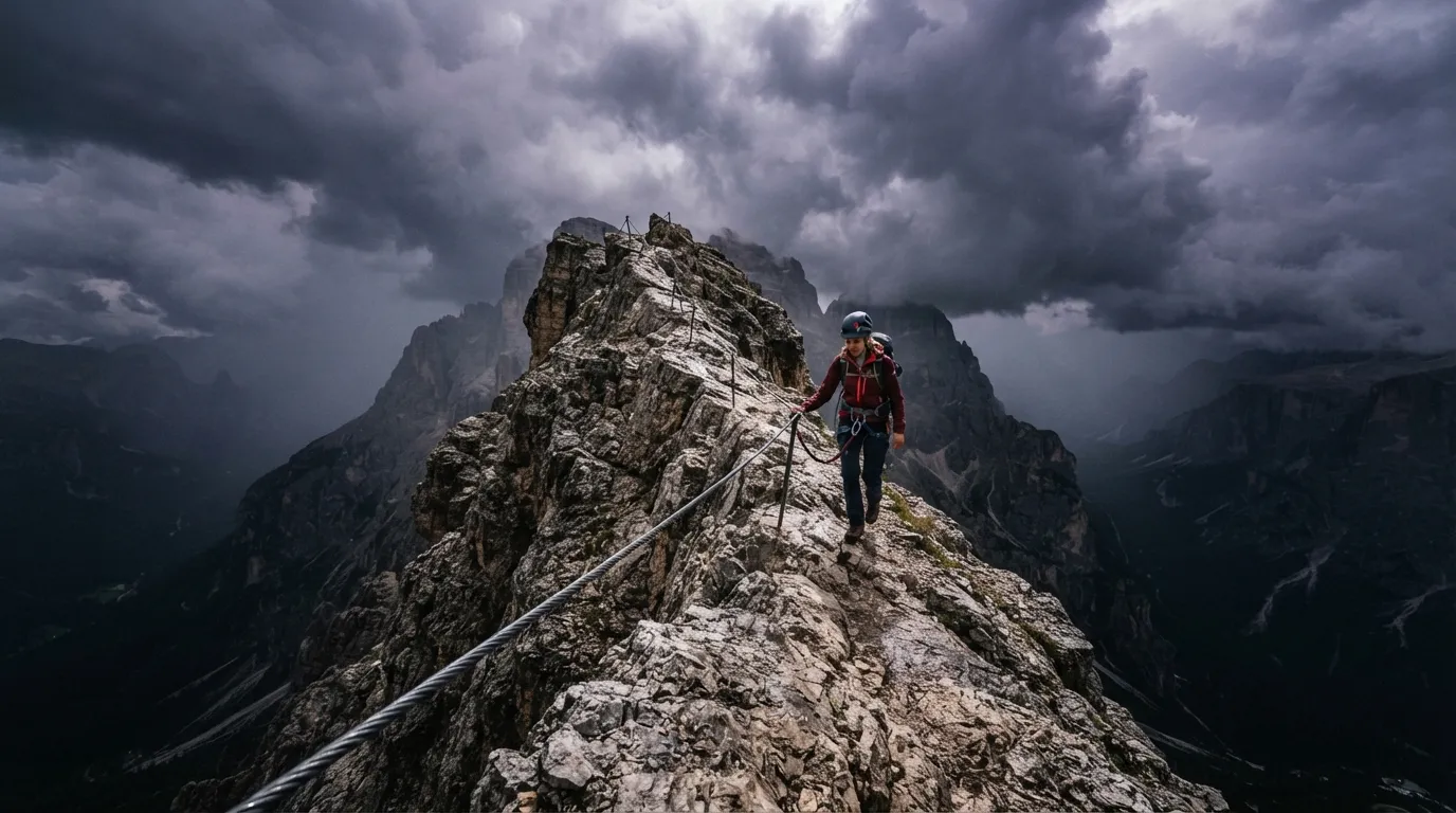 Une arête équipée de via ferrata avec des câbles métalliques, ciel d'orage menaçant au-dessus