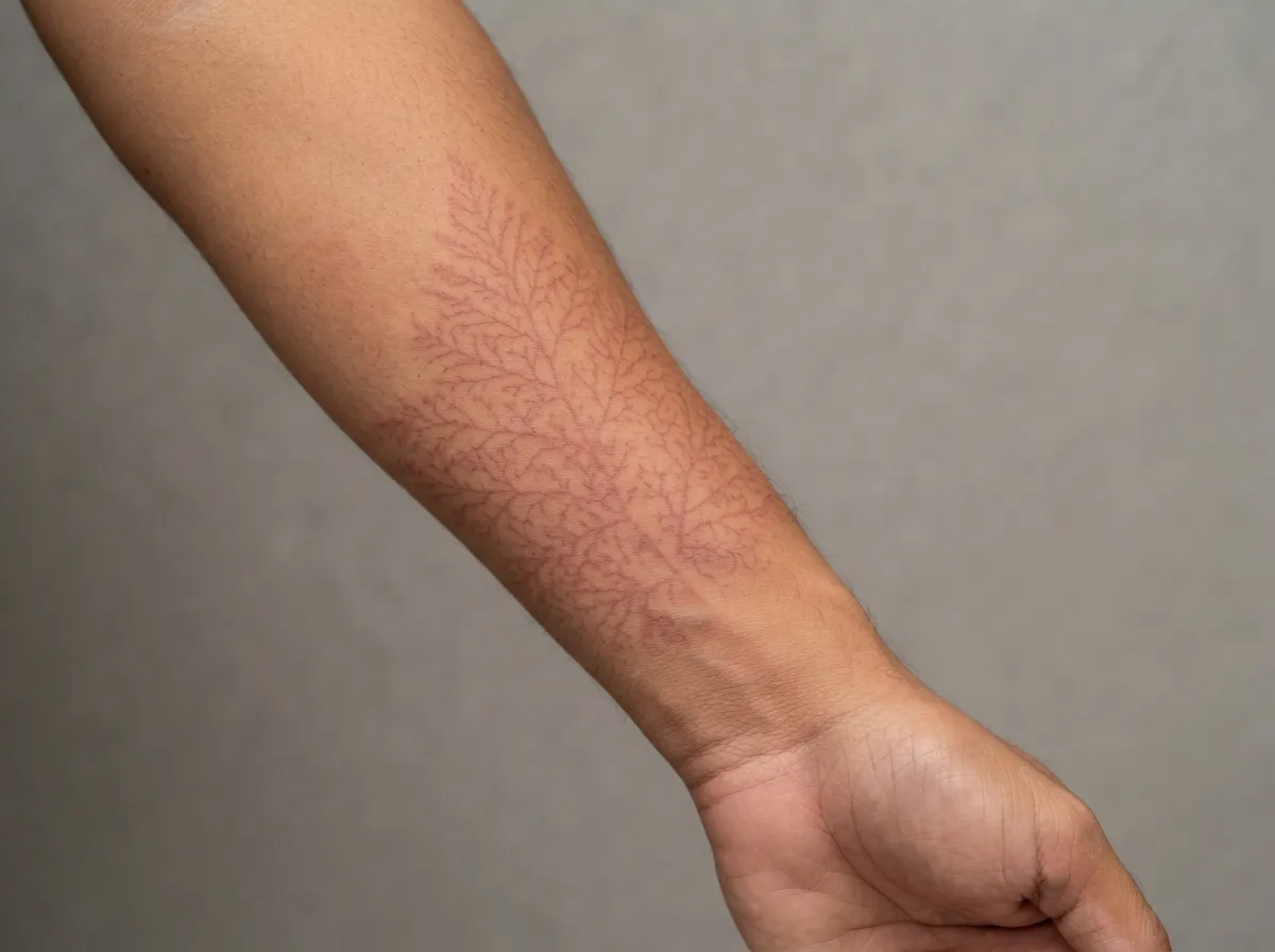 Motif ramifié en forme de fougère sur la peau, typique des figures de Lichtenberg après une frappe de foudre