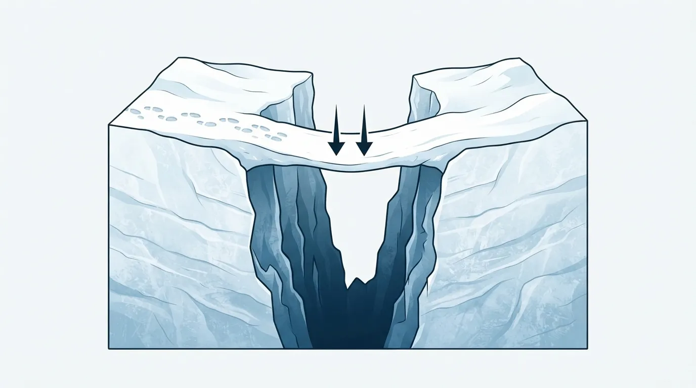 Coupe schématique d'une crevasse recouverte d'un pont de neige, avec une légère dépression visible en surface