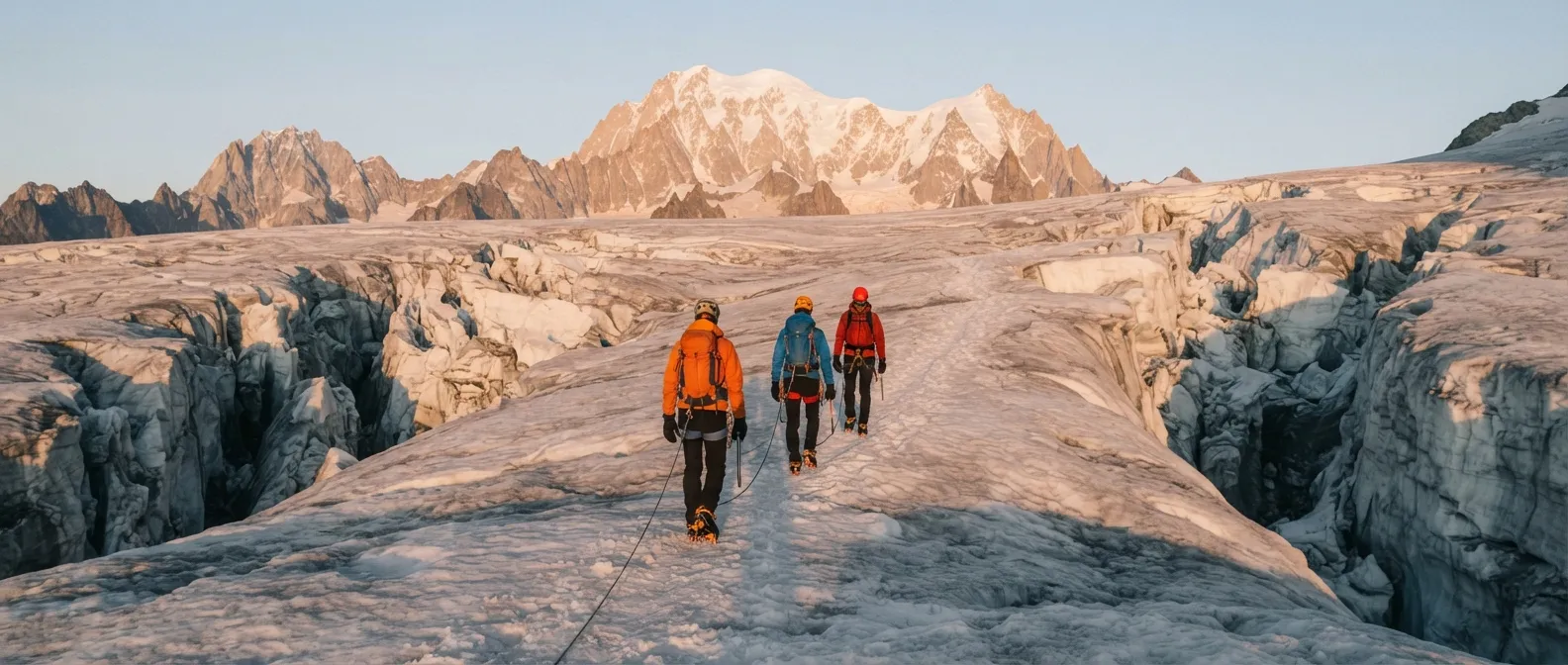 Une cordée de trois alpinistes progresse encordée sur un glacier au lever du soleil, entre des crevasses visibles