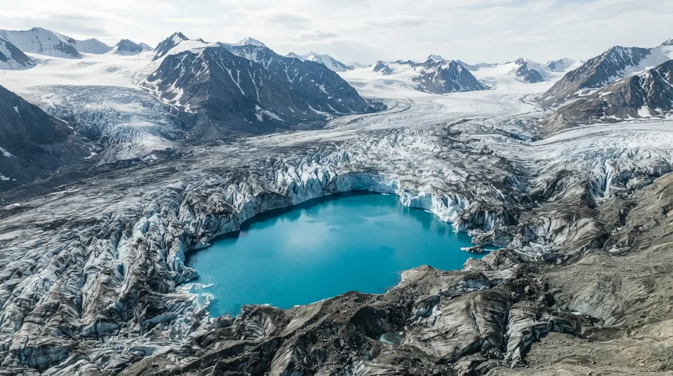 Un lac turquoise s'est formé à la surface d'un glacier, entouré de glace crevassée