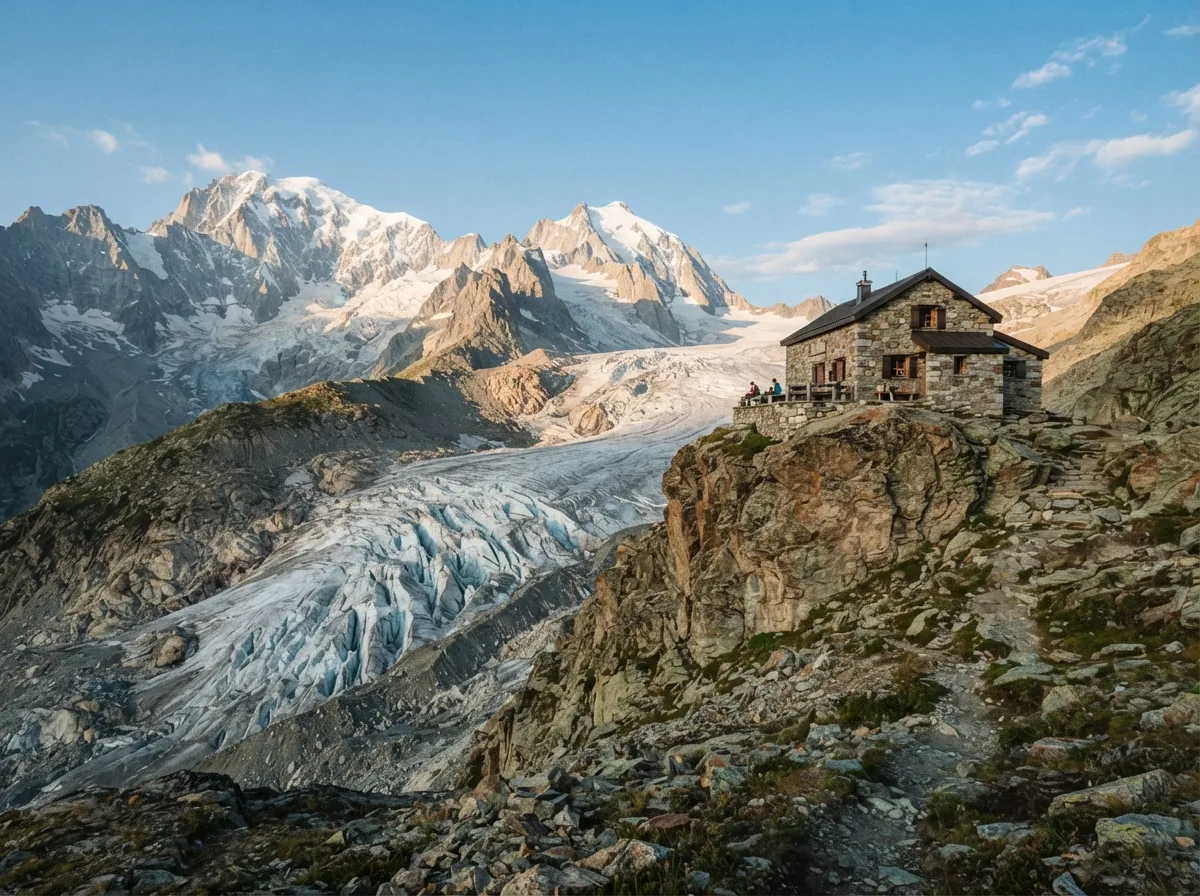 Vue du glacier de Tête-Rousse et de son refuge, sur les pentes du massif du Mont-Blanc