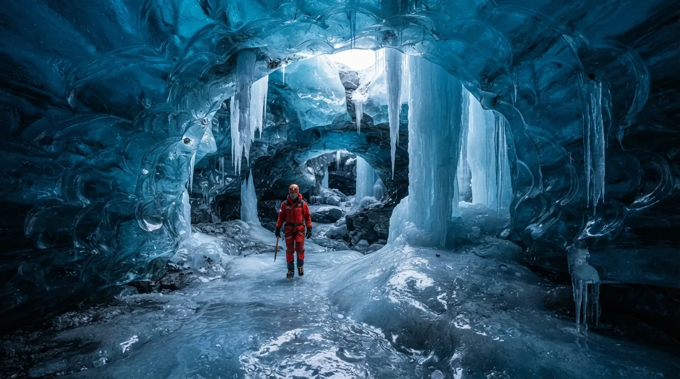 Intérieur d'une grotte de glace bleutée avec des formations de glace translucides et une lumière filtrée