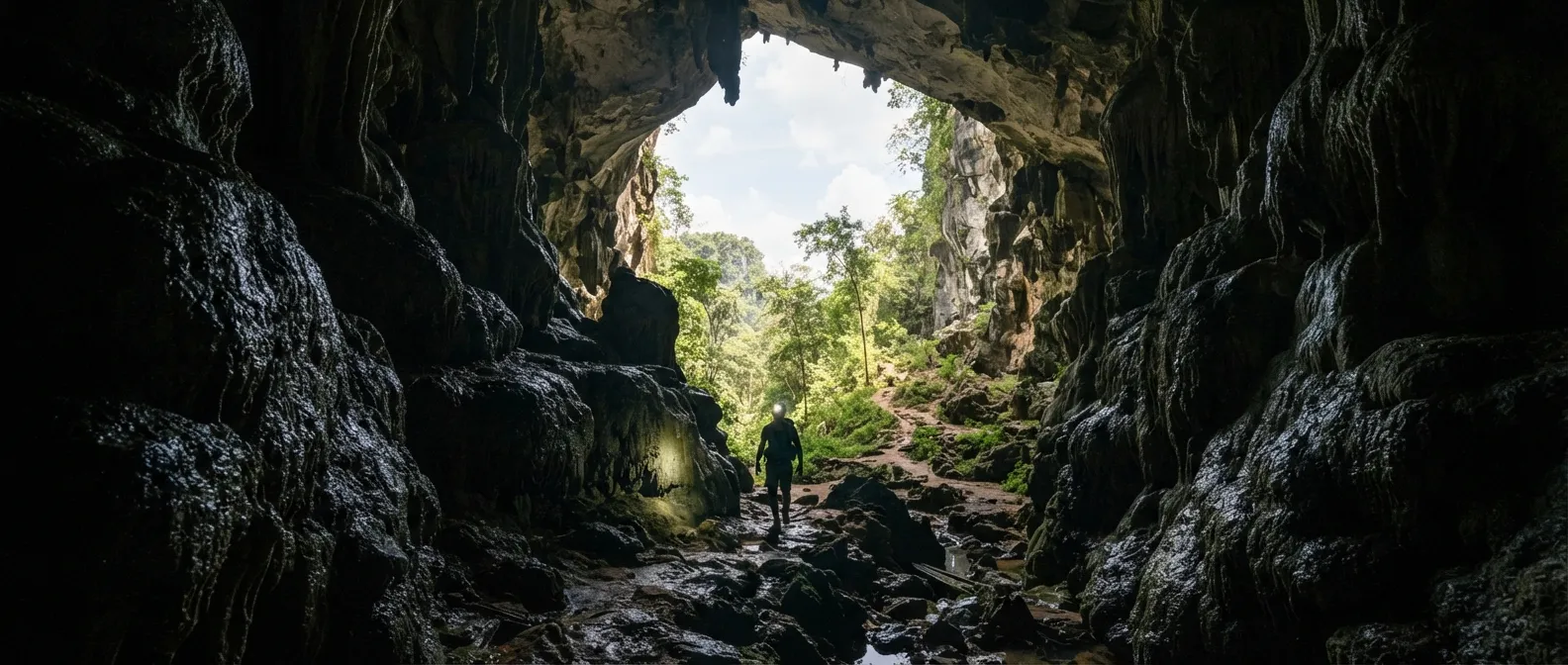 Entrée sombre d'une grotte calcaire vue de l'intérieur, silhouette d'une personne avec une lampe frontale au loin dans la pénombre