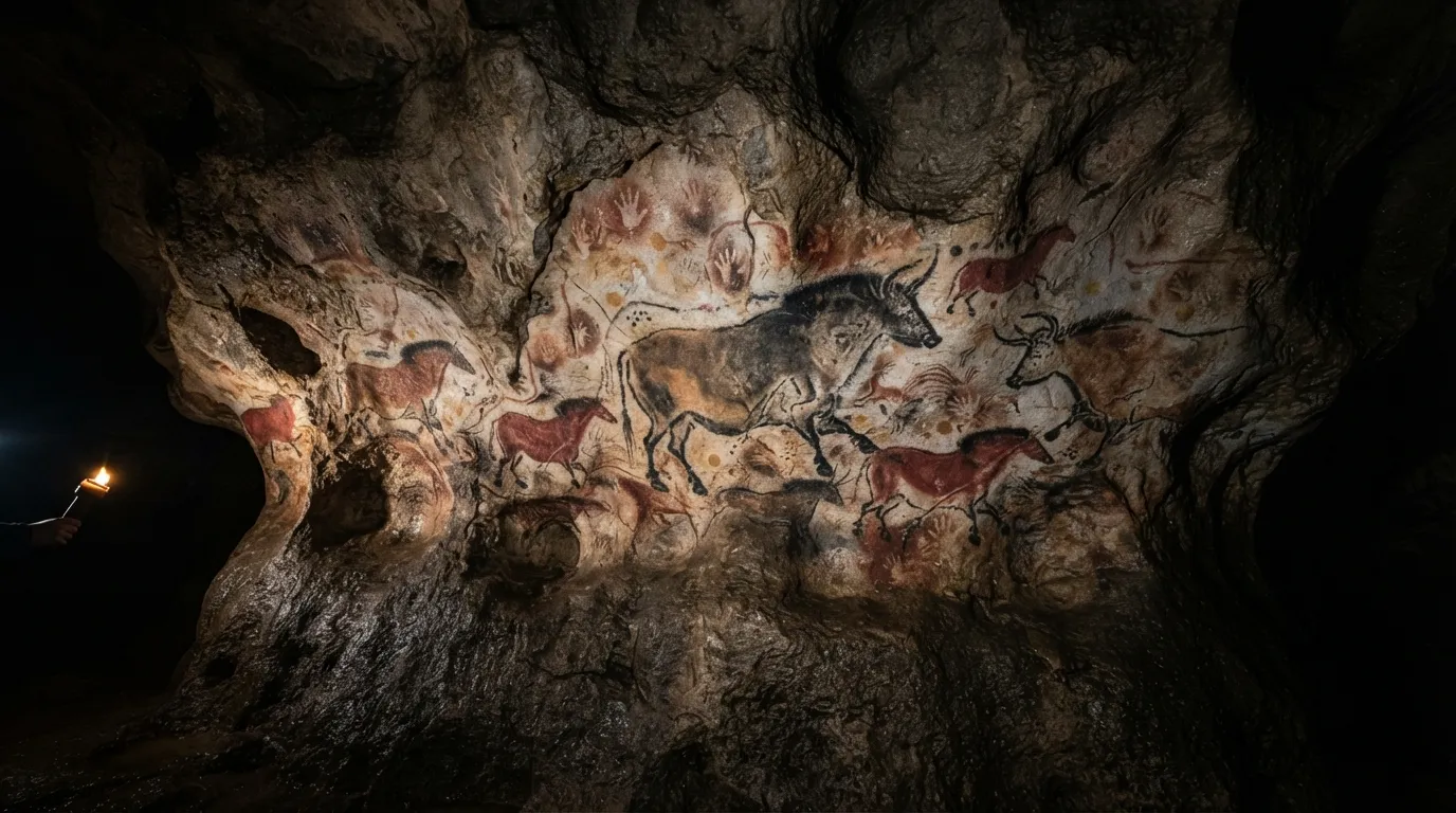 Peintures rupestres préhistoriques de chevaux et de bovins sur une paroi de grotte calcaire, éclairées faiblement