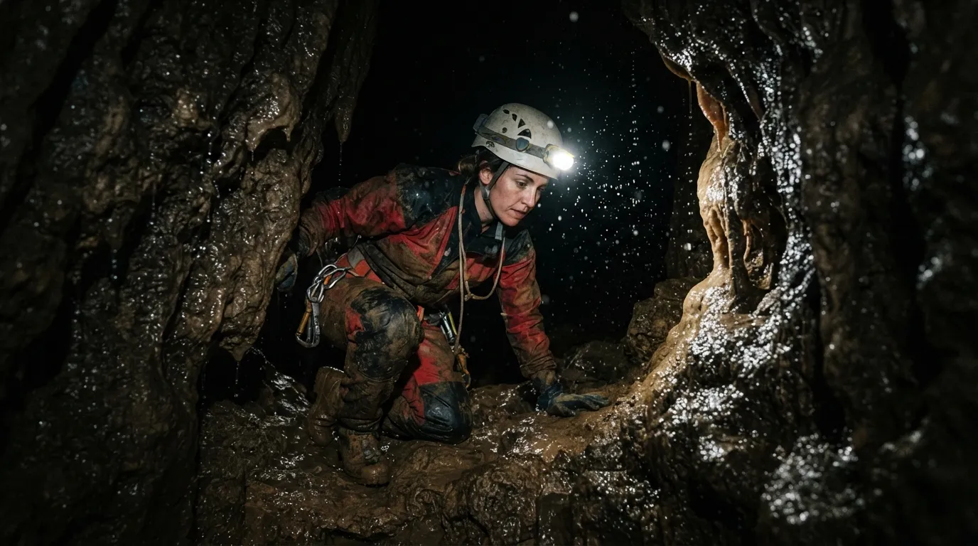 Un spéléologue casqué avec lampe frontale progresse dans un passage étroit et humide, éclairage ponctuel dans l'obscurité totale
