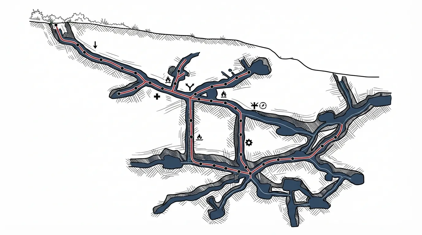 Schéma d'un réseau de galeries souterraines avec un fil guide déroulé depuis l'entrée jusqu'à un point profond