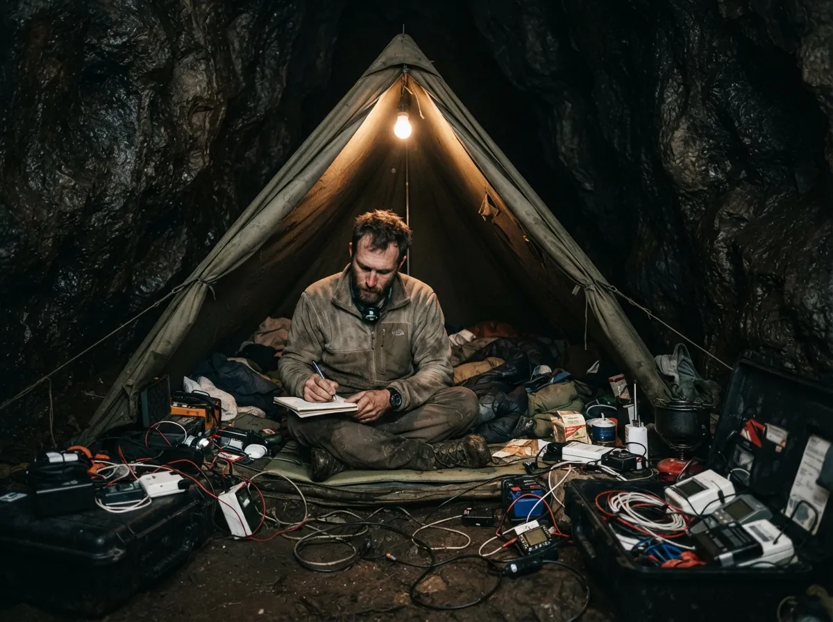 Un homme seul dans une petite tente installée profondément dans une grotte, éclairée d'une faible lumière artificielle, entouré d'équipement scientifique