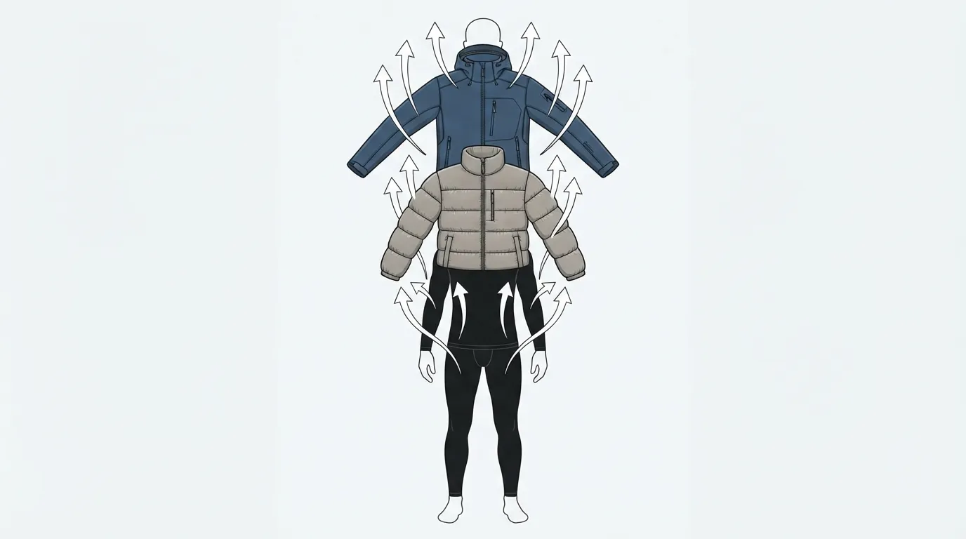 Schéma de trois couches de vêtements superposées : base technique près du corps, isolation intermédiaire, coquille imperméable extérieure