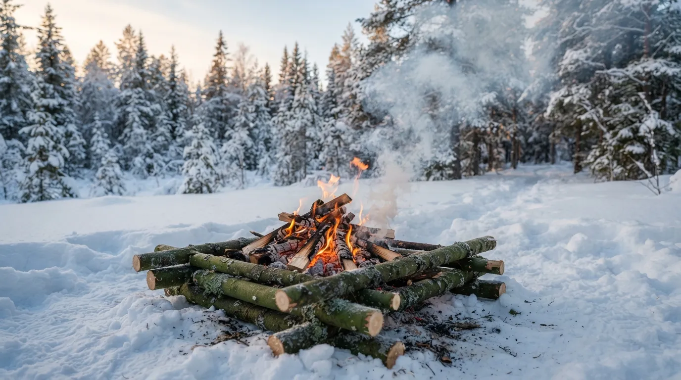 Un petit feu qui brûle sur une plateforme de rondins verts posée sur la neige, fumée qui monte dans l'air froid