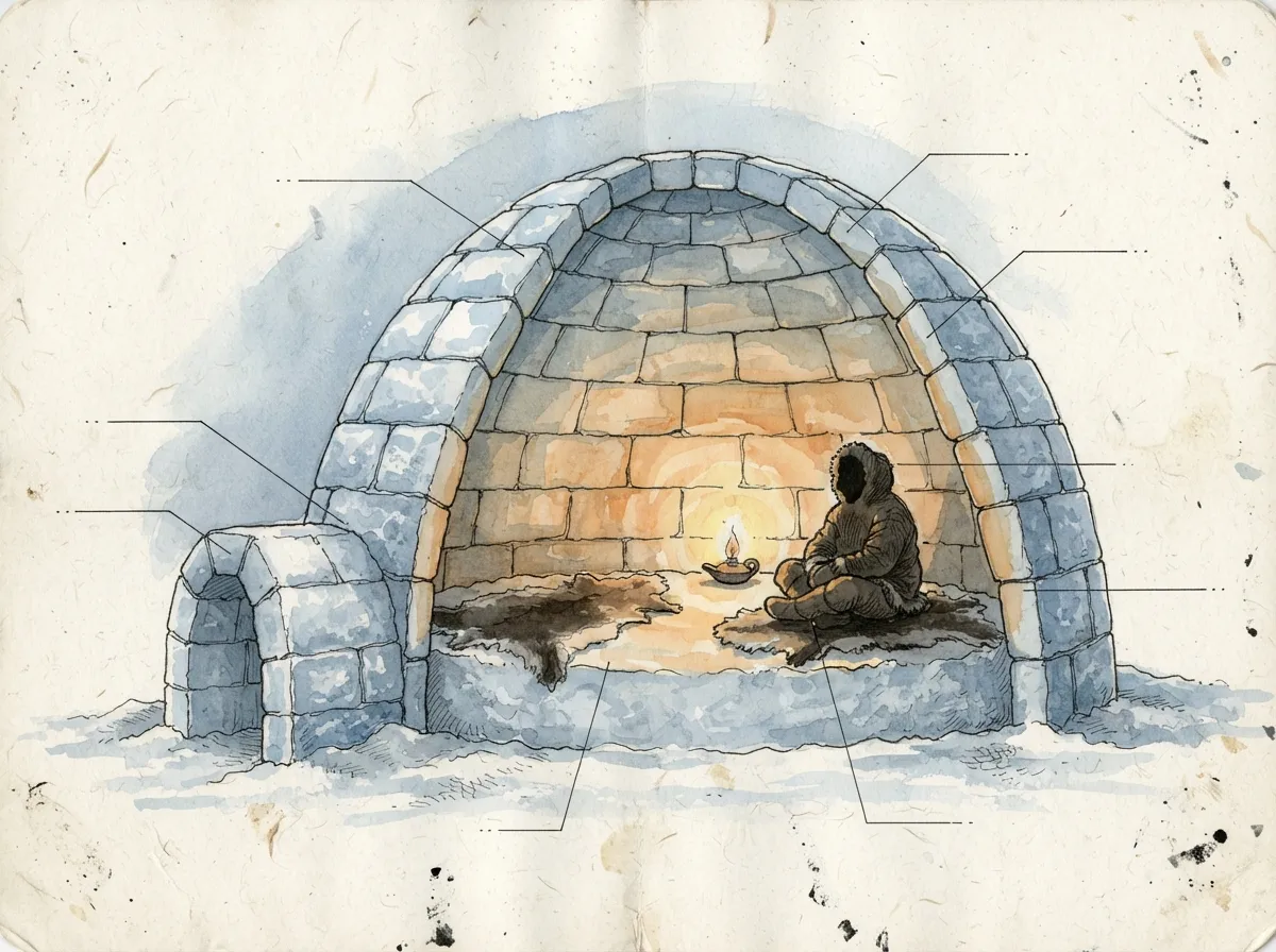 Coupe d'un igloo montrant les blocs de neige en spirale montante et une petite lampe à huile à l'intérieur