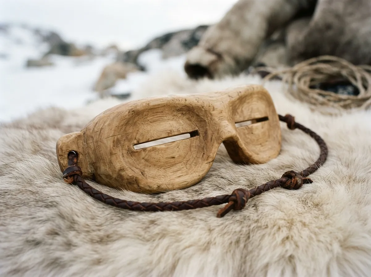 Une paire de lunettes de neige traditionnelles en bois avec une fente horizontale étroite, posée sur une fourrure