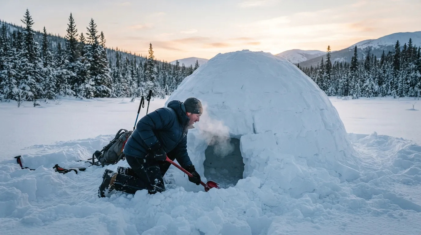 Un dôme de neige tassée en cours d'excavation, une personne à genoux creuse l'entrée avec une pelle