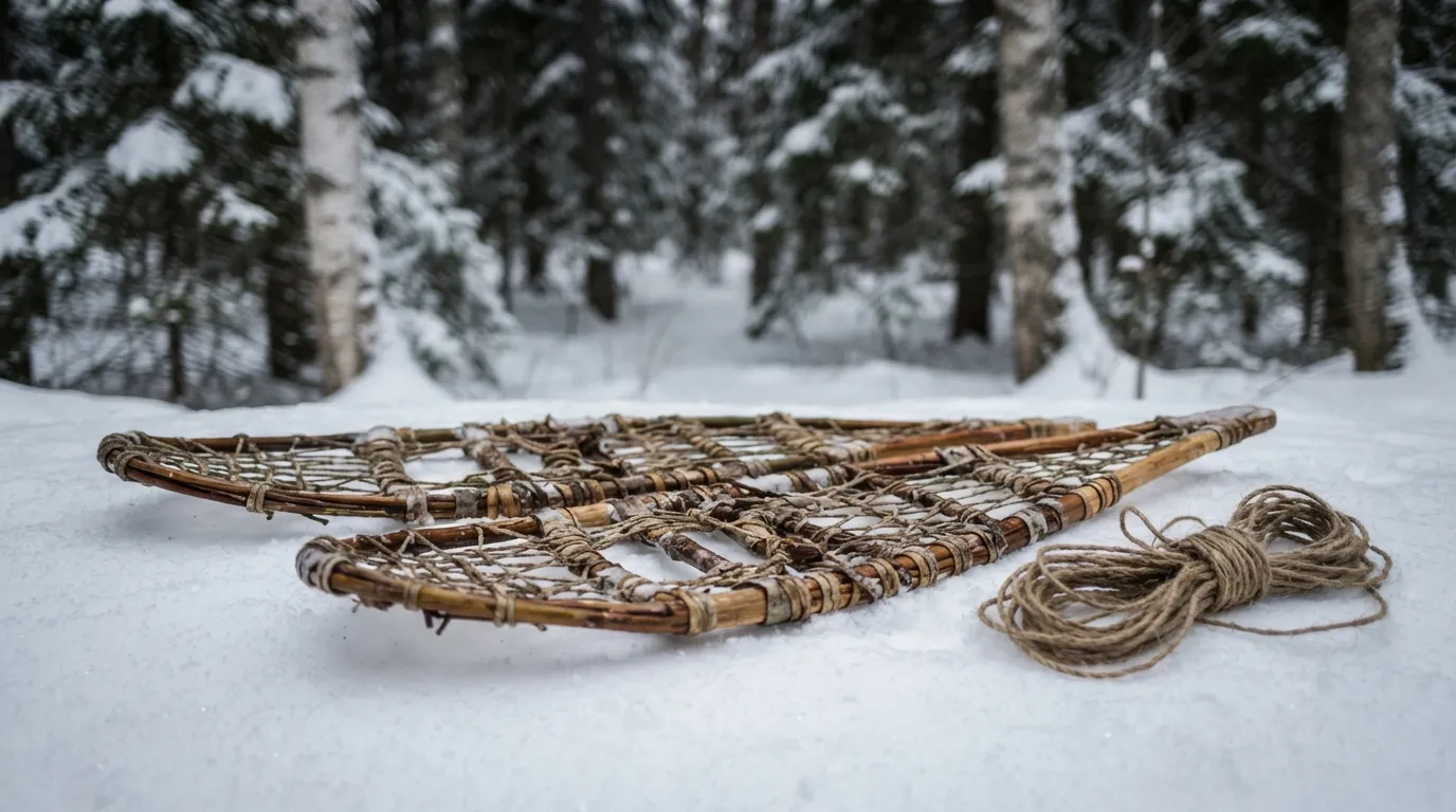 Une paire de raquettes de fortune tressées à partir de branches souples posées sur la neige, prêtes à être attachées à des bottes