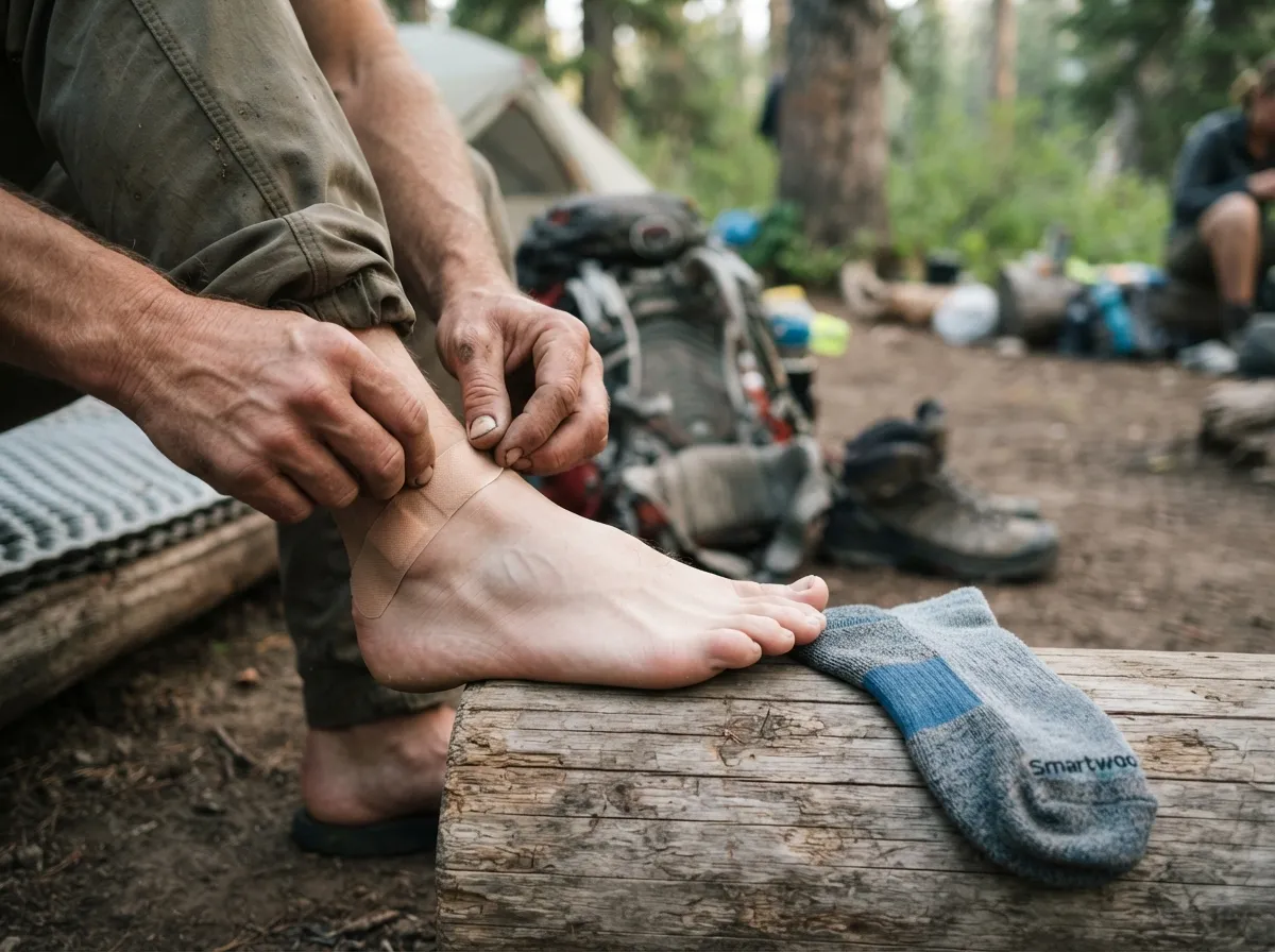 Une bande de ruban adhésif appliquée avec soin sur le talon d'un pied avant l'enfilage d'une chaussette de randonnée