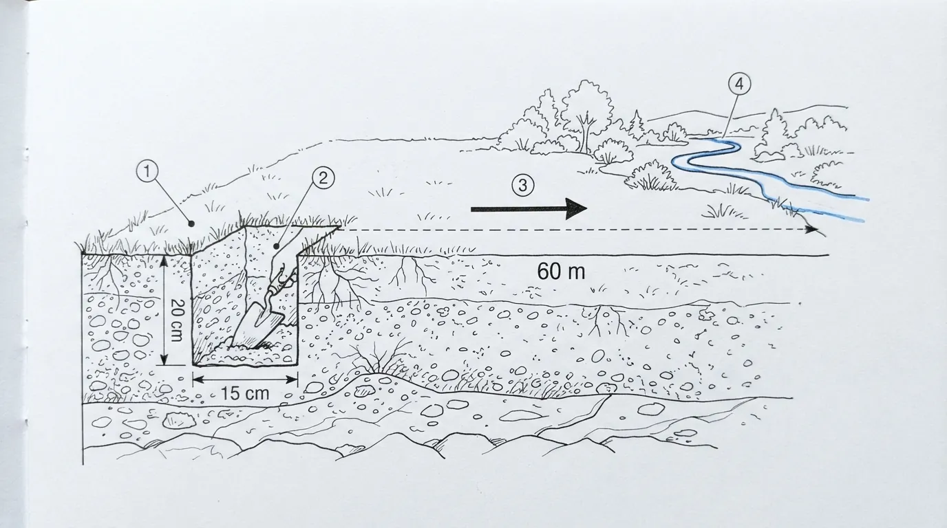 Coupe de terrain montrant un cathole : un trou de 15 à 20 cm de profondeur, à 60 mètres d'un cours d'eau, recouvert et disguisé après usage