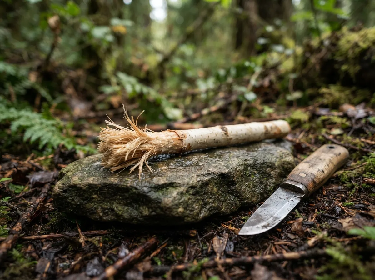 Une brindille mâchée à un bout pour en faire une brosse à dents improvisée, posée sur une pierre à côté d'un couteau