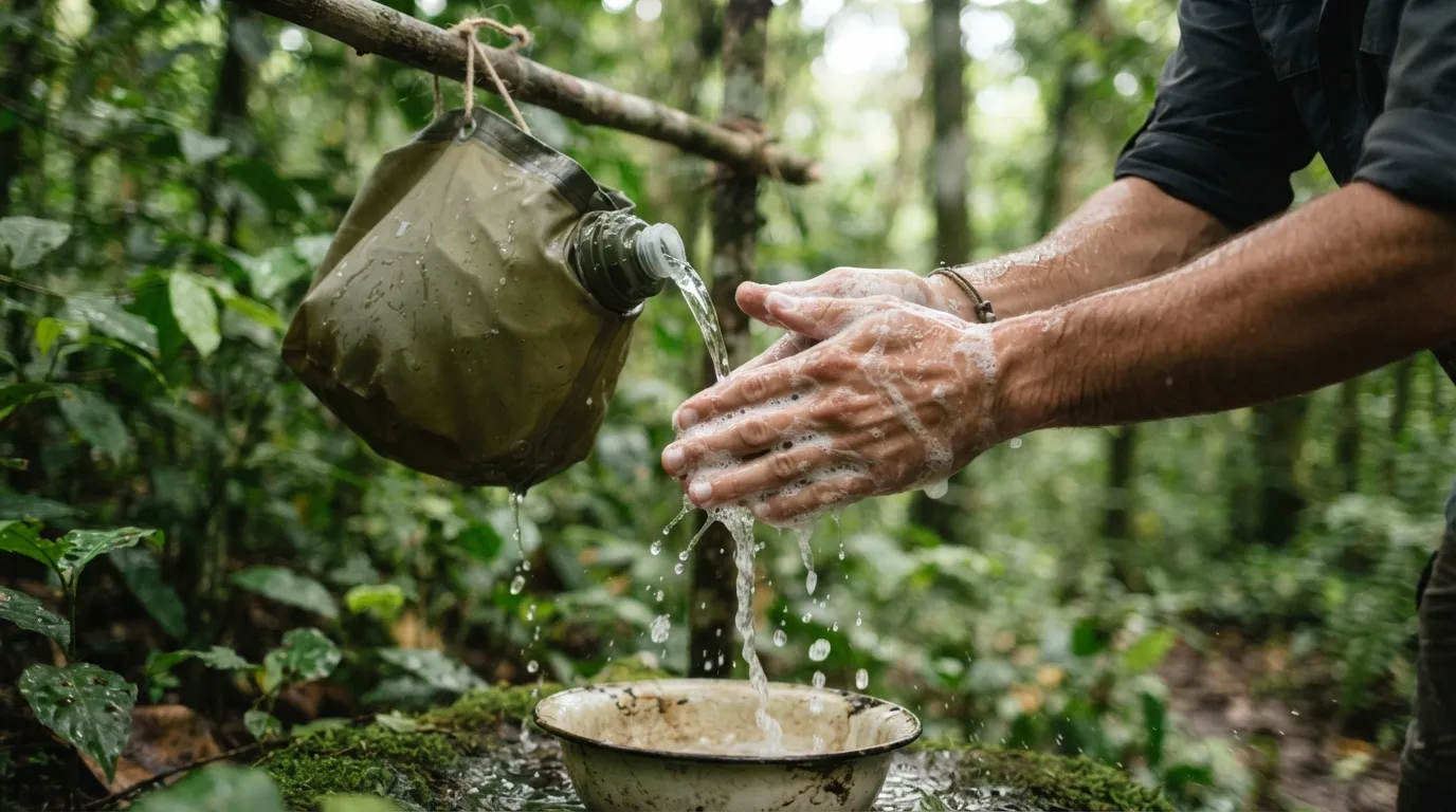 Gros plan sur des mains savonnées et frottées longuement au-dessus d'un petit récipient d'eau en pleine nature