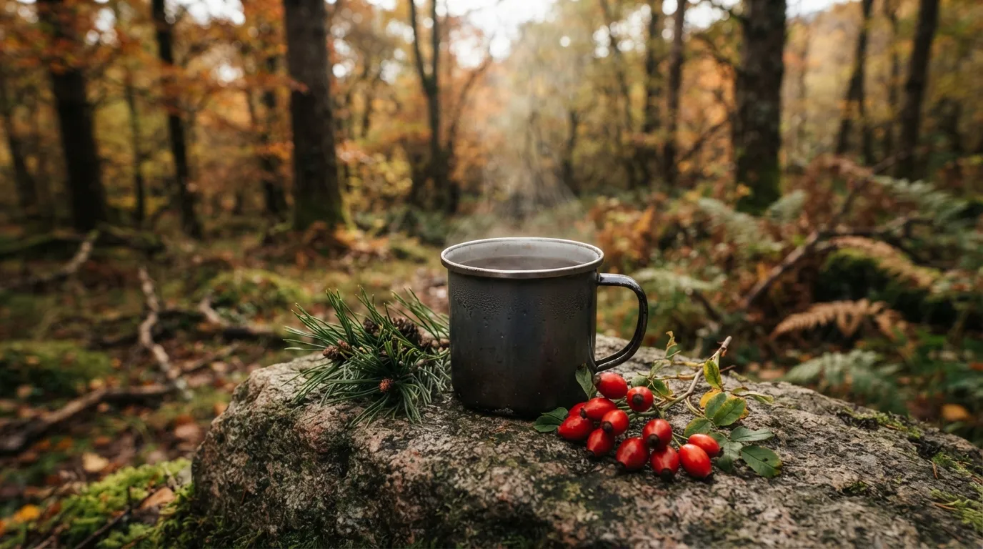 Une tasse d'infusion d'aiguilles de pin fumante posée près d'un rameau de conifère et de quelques cynorrhodons rouges