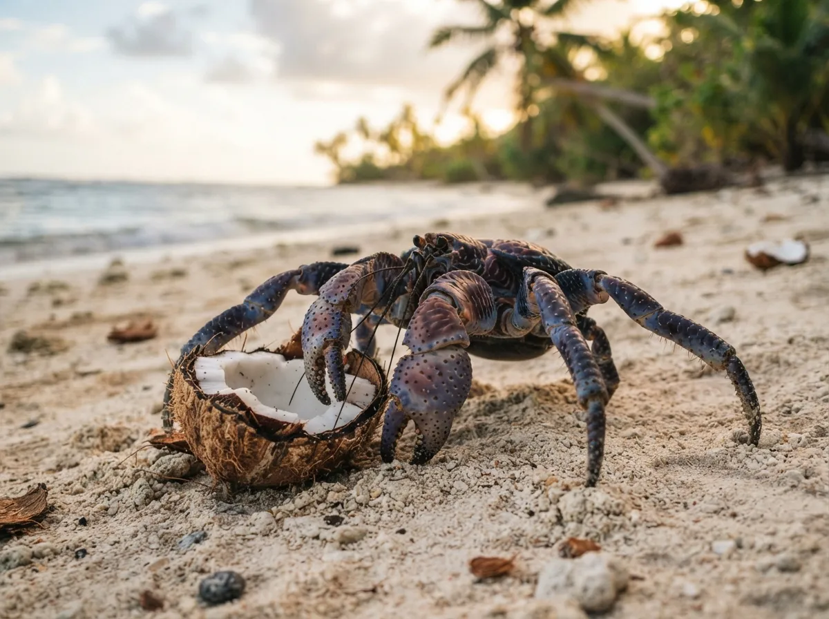 Un énorme crabe de cocotier bleu-violet aux pattes puissantes, posé sur du sable près d'une noix de coco entamée